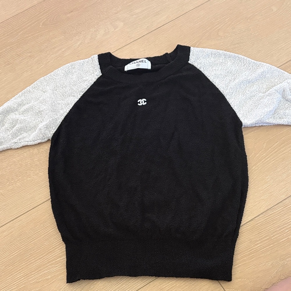 CHANEL Black Crewneck Sweater with Silver Raglan Sleeves